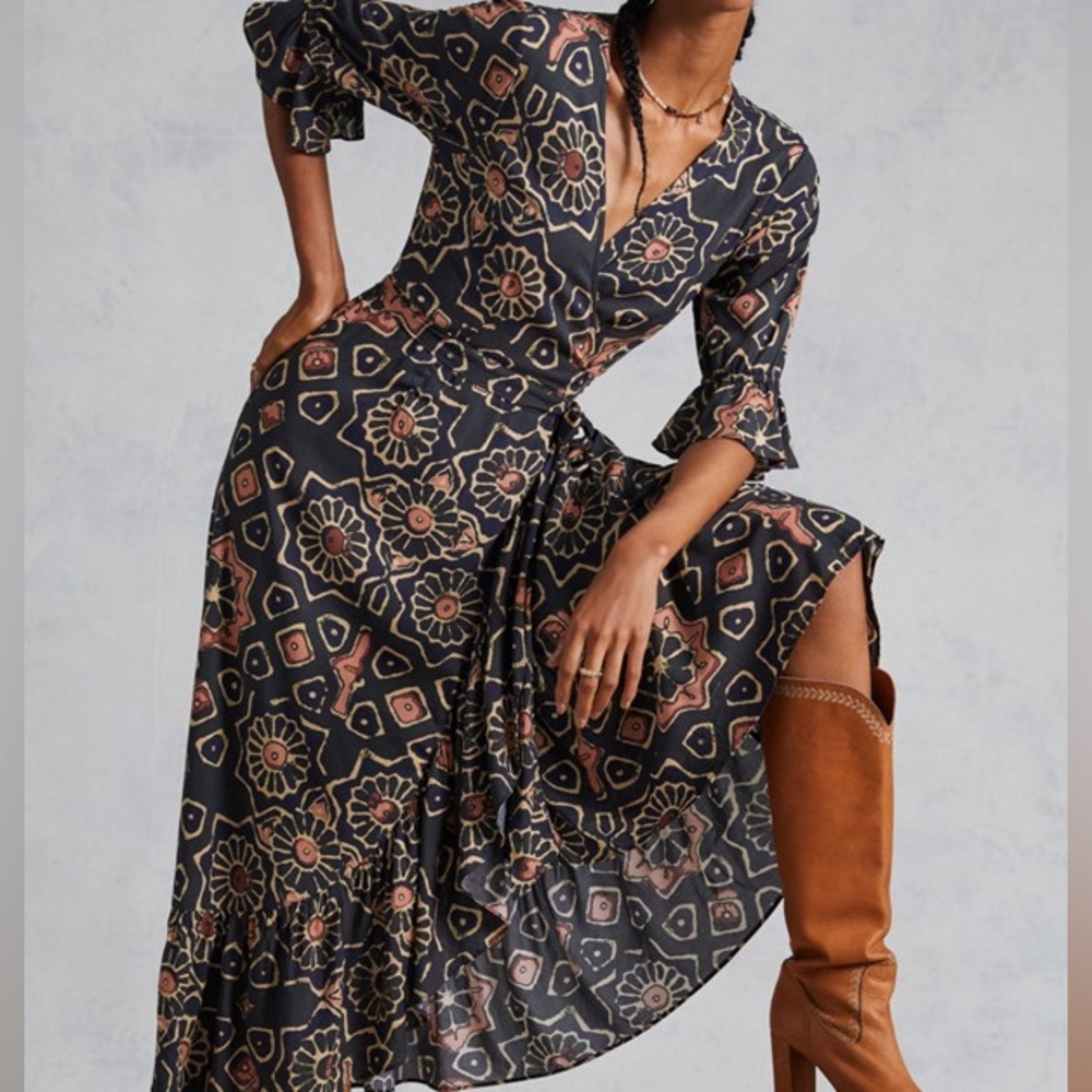 Letmebe Women’s Ruffle Sleeve Maxi Dress Size S Tie Waist Anthropologie